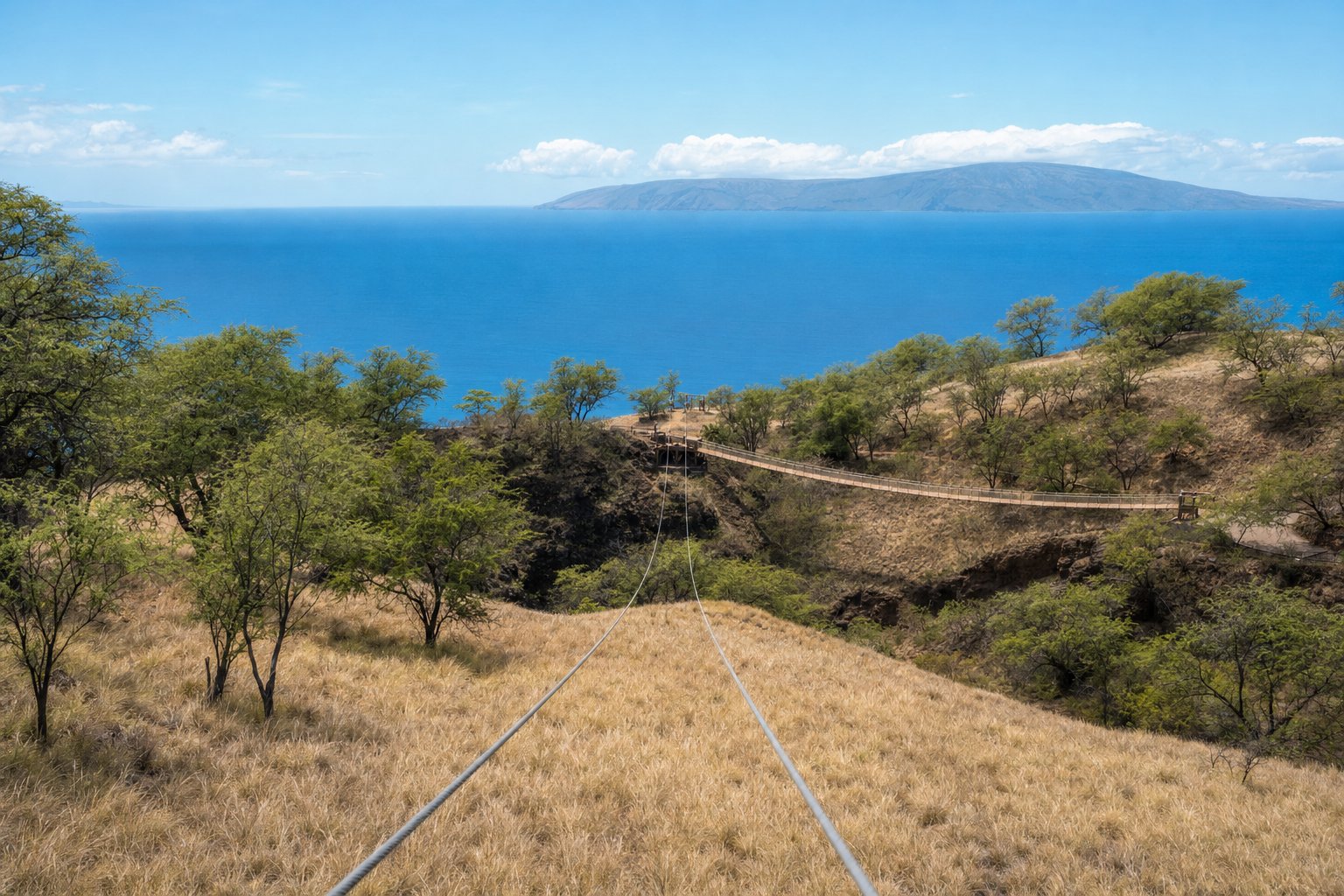 Two zipline cables running side by side down a dry grassy slope, a timber suspension bridge beyond and an ocean channel on the horizon
