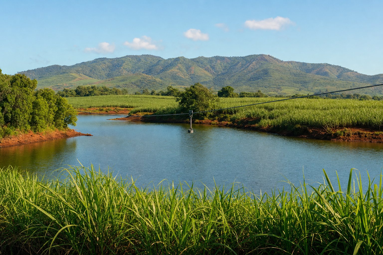 A zipline cable crossing a still inland reservoir surrounded by green fields and red soil