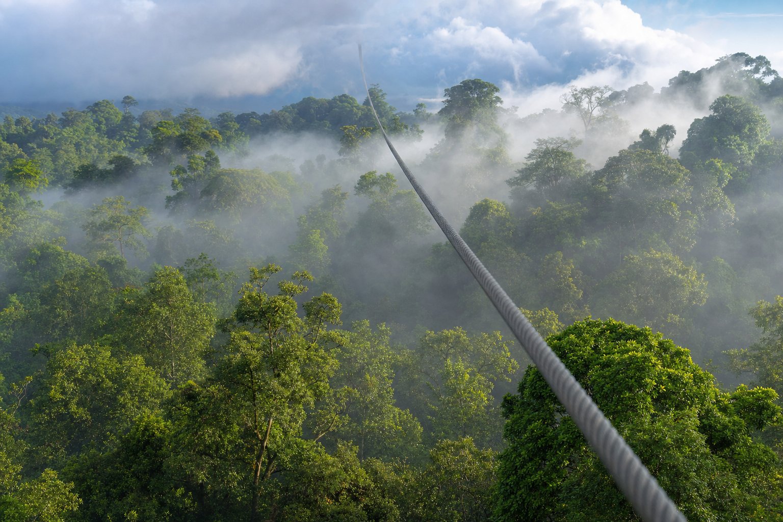 Costa Rican cloud-forest canopy from above with mist between the crowns and a cable running through