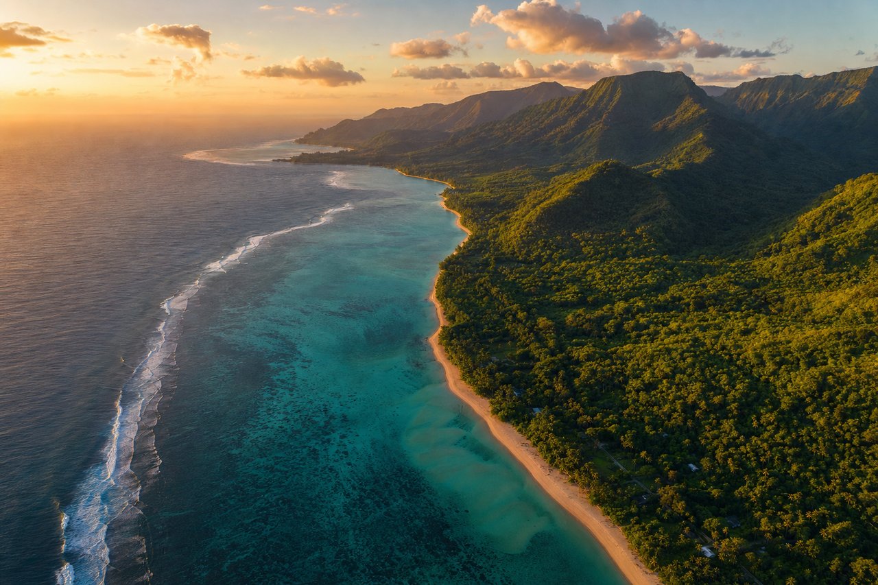 Aerial view of a tropical coastline in late afternoon light, turquoise reef and long shadows inland