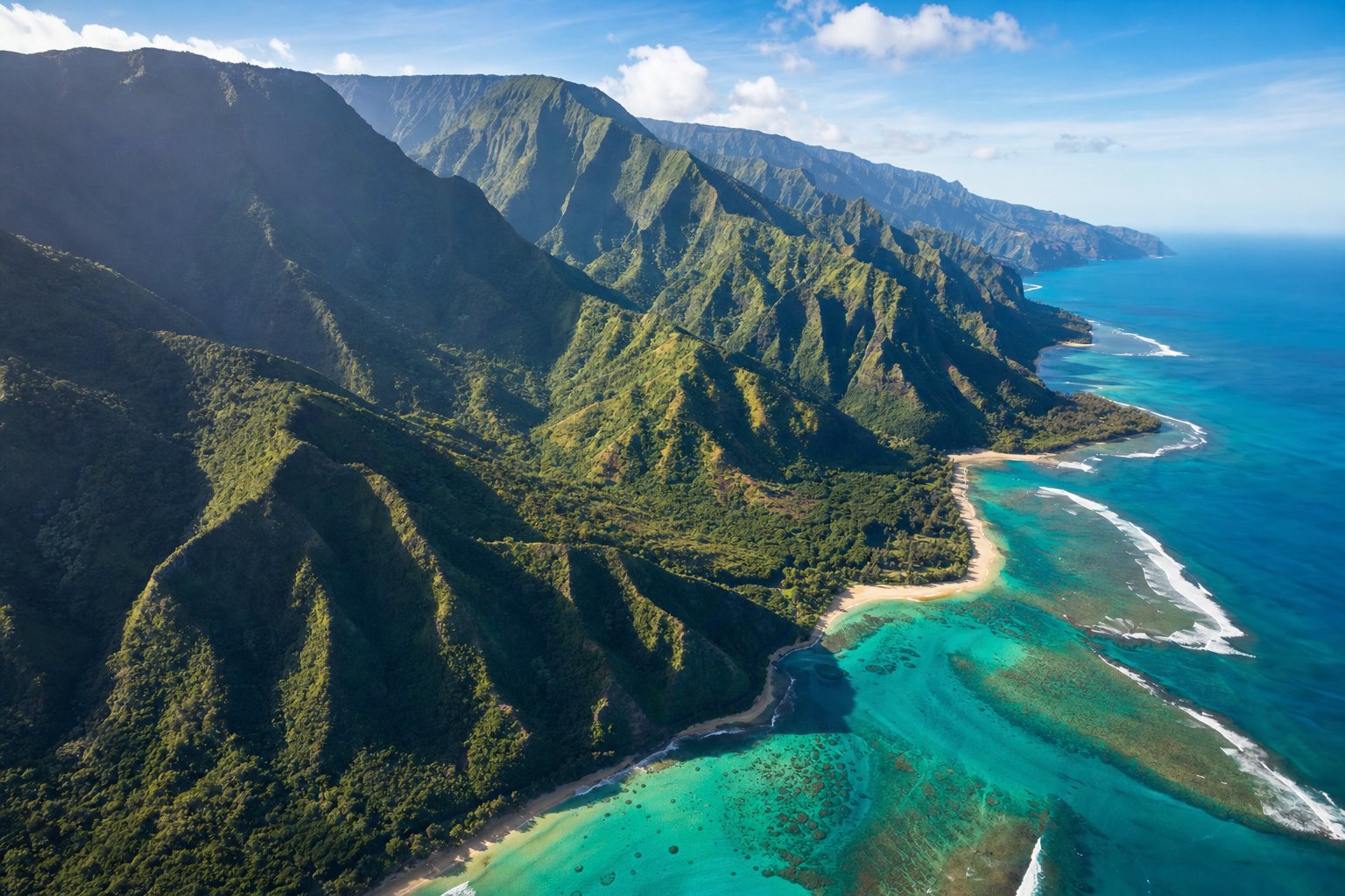 Aerial view along the green ridgelines of West Maui dropping to a turquoise reef coastline