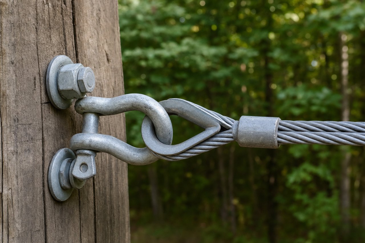 Close-up of a zipline cable termination: a steel thimble and swaged fitting bolted through a timber anchor beam