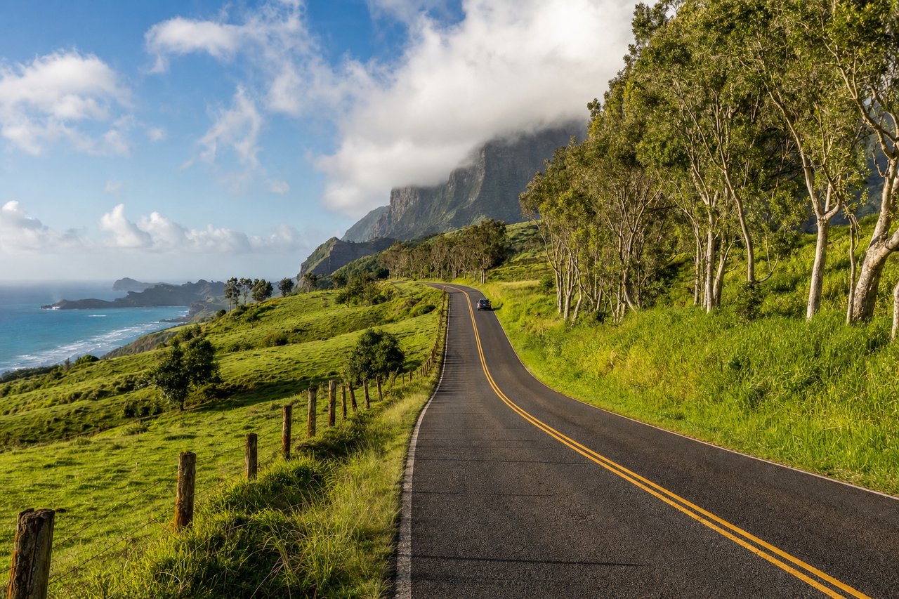 A narrow two-lane road winding uphill through pasture and eucalyptus, with turquoise ocean far below