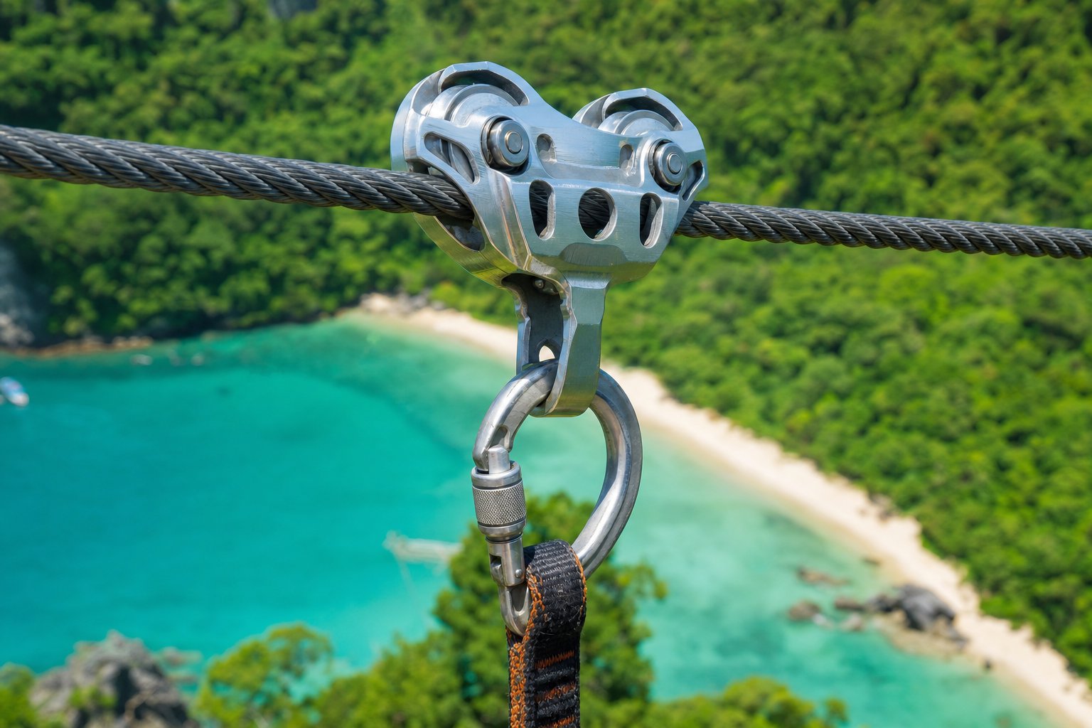 Close-up of a dual-wheel zipline trolley seated on a steel cable with a locking carabiner