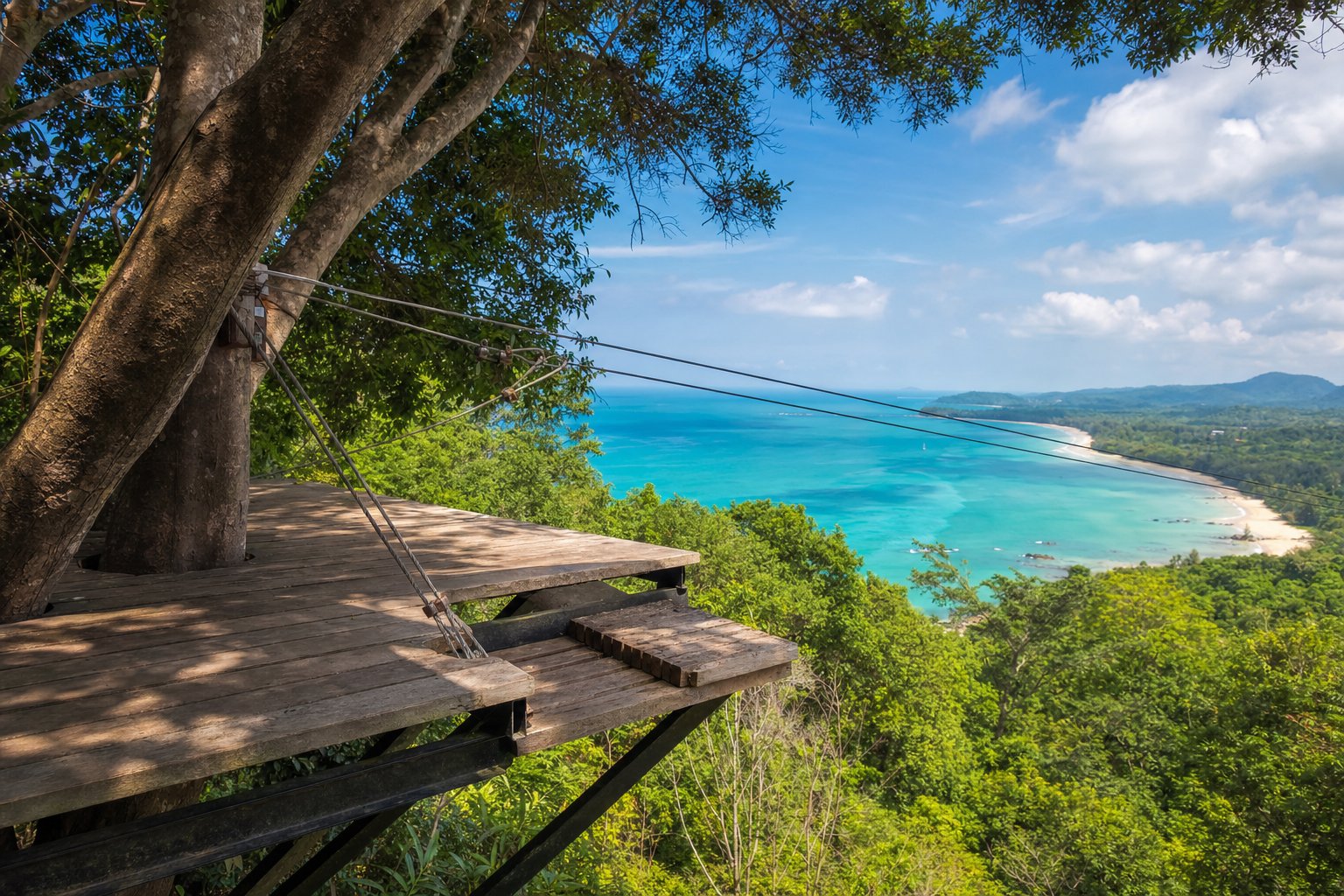 A wooden zipline launch platform high in a tropical tree, cables running out over the forest toward the coast