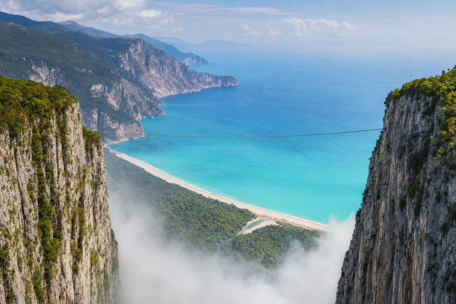 A single long zipline cable spanning a deep rock gorge with mist below